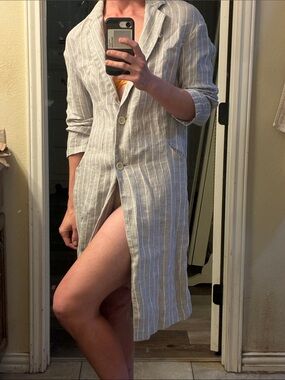 Gray White 100% linen trench coat jacket kimono long blazer size XS